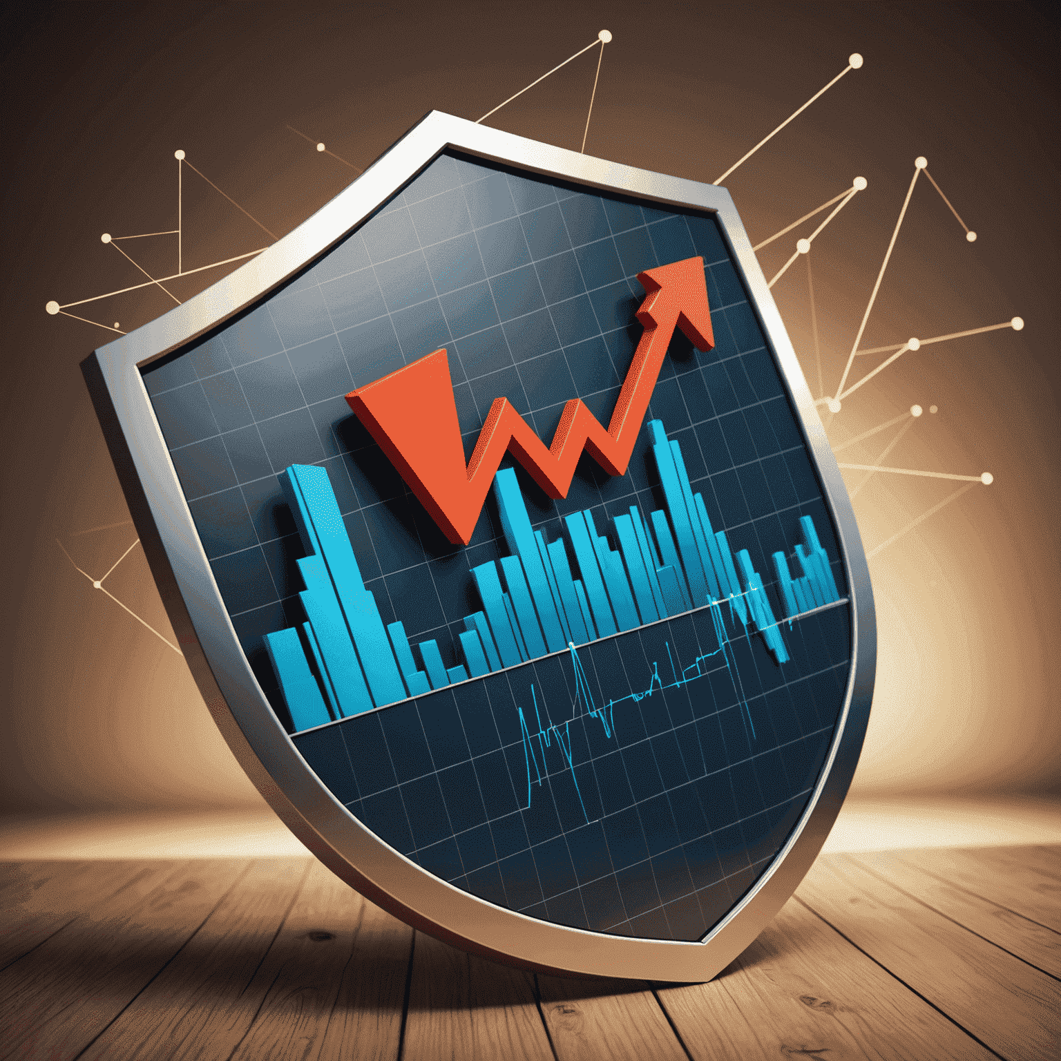 Абстрактное изображение графика с восходящей и нисходящей тенденциями, символизирующее волатильность рынка. На переднем плане - защитный щит, олицетворяющий стратегии защиты инвестиций.