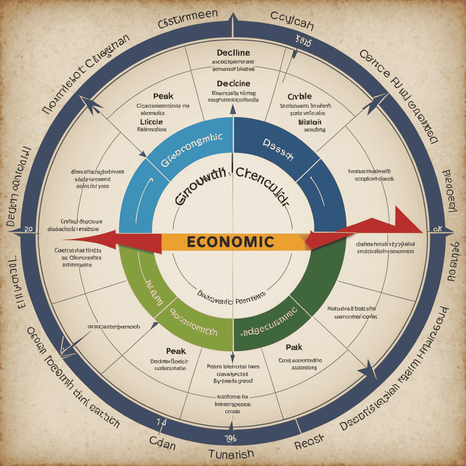 Изображение циклической диаграммы, показывающей различные фазы экономического цикла: рост, пик, спад и дно